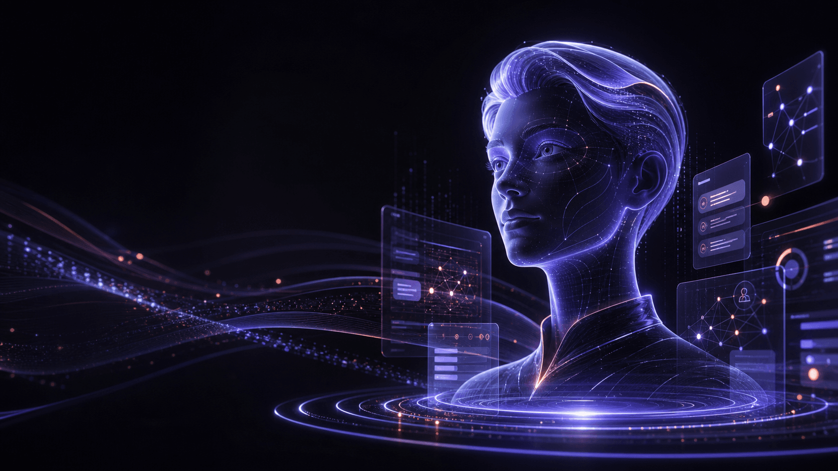 Apresentador digital sintético em uma interface luminosa de vendas